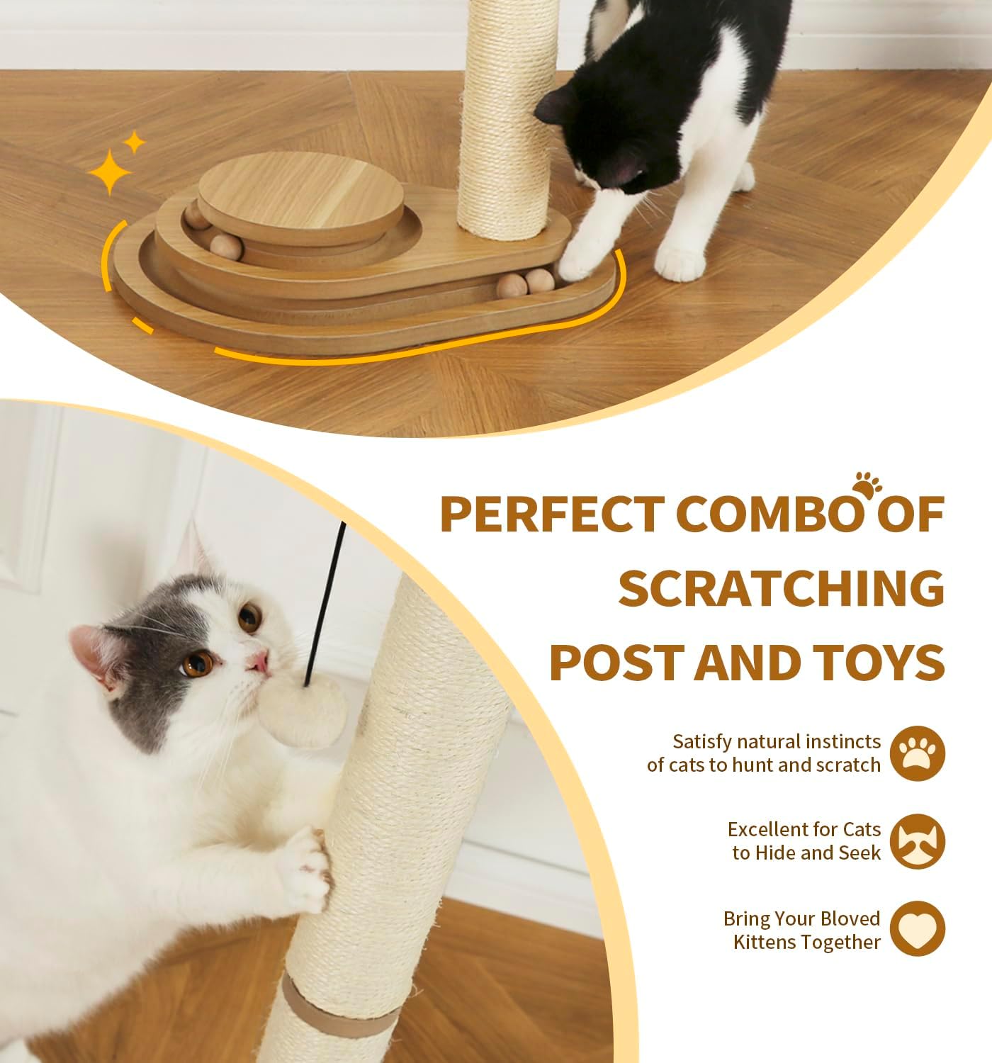 Made4Pets Cat Scratching Post, Cat Self Groomer for Indoor Cats, Cloud Soft Perch for Rest, 17.5″ Tall Natural Sisal Scratcher Cat Grooming Interactive Ball Track Toys for Small Cats Kittens