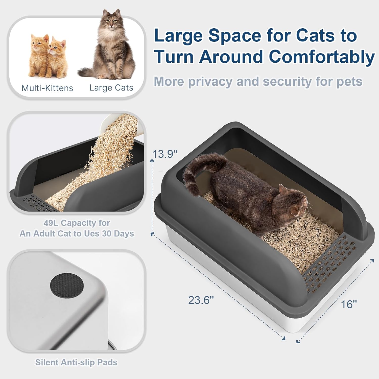 8″ Deep Stainless Steel Litter Box with Lid Extra Large Cat Litter Box for Big Cats XL Metal Litter Pan Tray with High Wall Sides Enclosure, Non-Sticky, Anti-Leakage (Charcoal Gray)