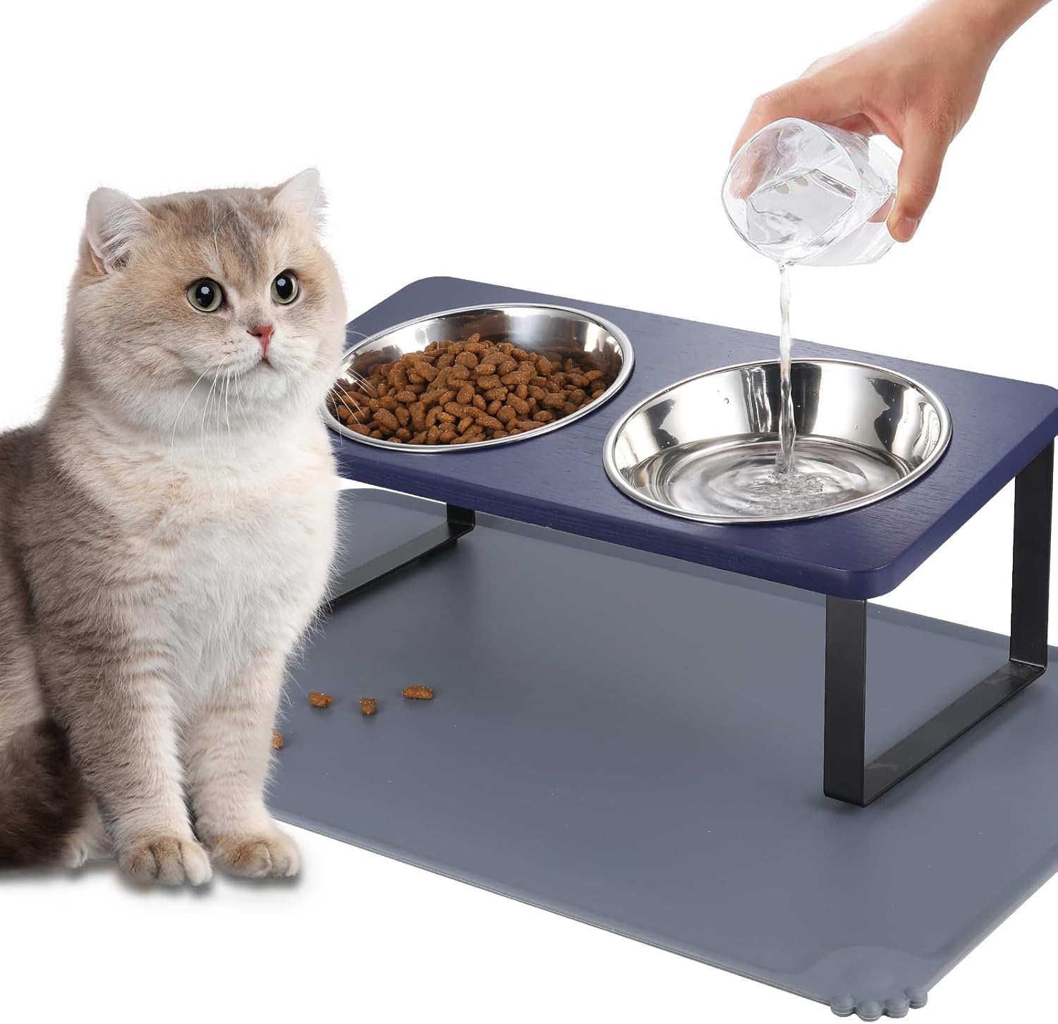 Adjustable Elevated Cat Bowls with Stand, 3 Height Raised Food & Water Bowl Set for Indoor Cats, 4 Stainless Steel Tilted Pet Dishes for Small Dogs, Non-Slip Feeding Station with Anti-Spill Design