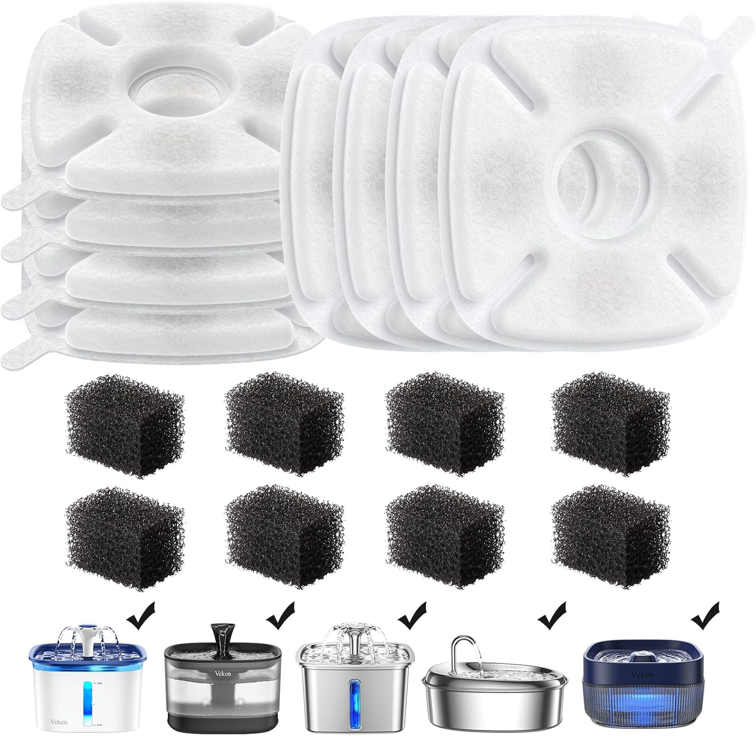 Veken Cat Water Fountain Filters, 8 Pack Replacement Filters & 8 Pack Replacement Pre-Filter Sponges Set for 50oz, 84oz, 95oz Automatic Pet Fountain Dog Water Dispenser