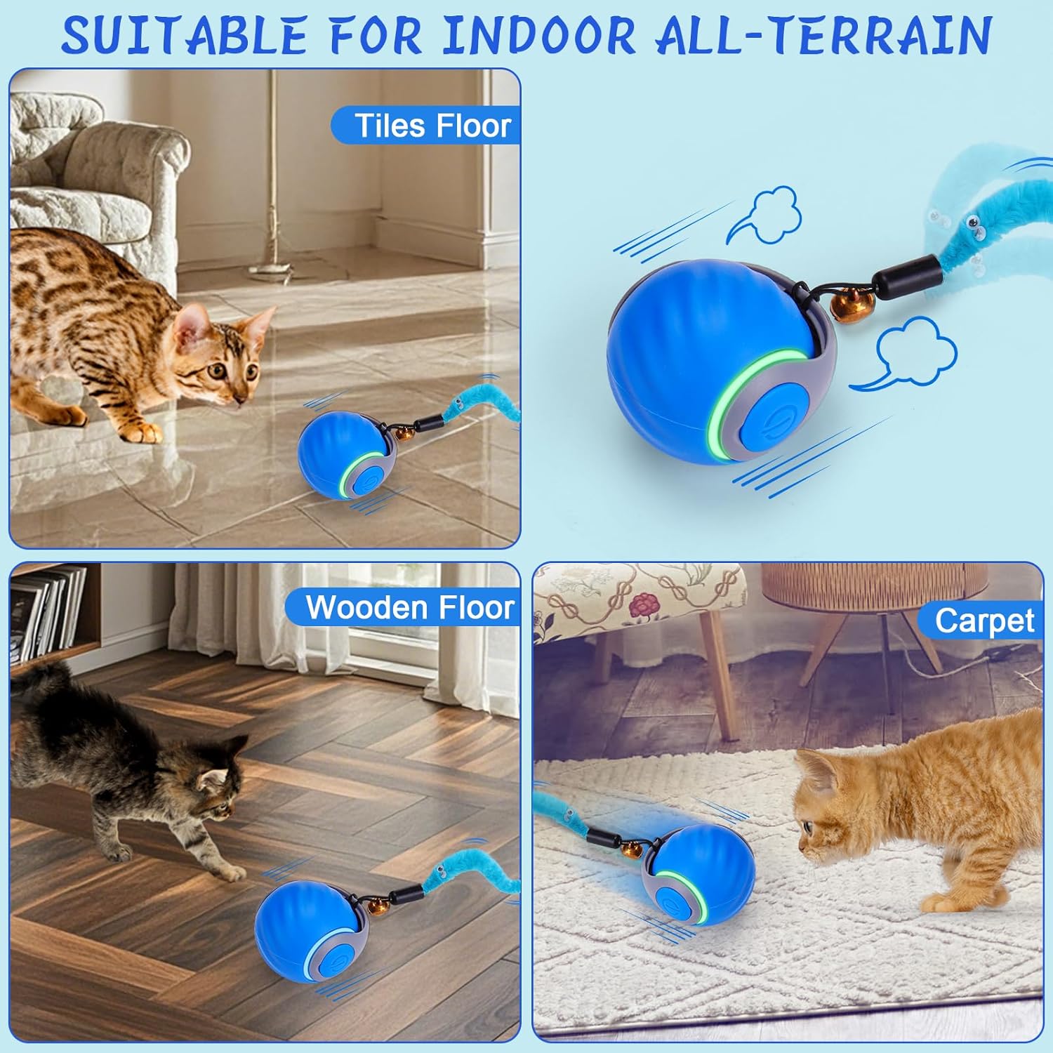 BABORUI Interactive Cat Toy Ball – Automatic Interactive Cat Toys for Indoor Cats with 3 Tails, 2 Speeds Rechargeable Cat Enrichment Toys for Small/Medium/Large Cats to Keep Them Busy(Blue)
