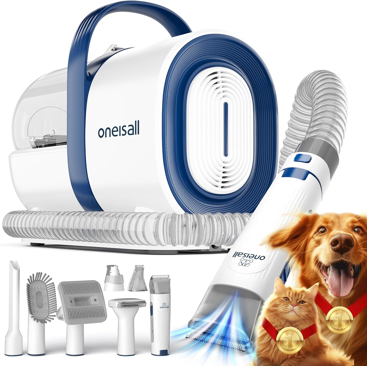 oneisall Dog Grooming Vacuum, Pet Grooming Vacuum with Clipper Nail Grinder, 1.5L Dust Cup Dog deshedding Vacuum Brush with 7 Pet Grooming Tools for Shedding Pet Hair, Home Cleaning(Blue)
